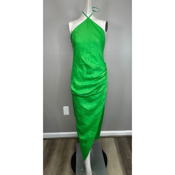 NWT Simkhai Hansel Halter Neck Linen Sleeveless Ruched Maxi Dress Parakeet Sz 2 - Picture 3 of 7